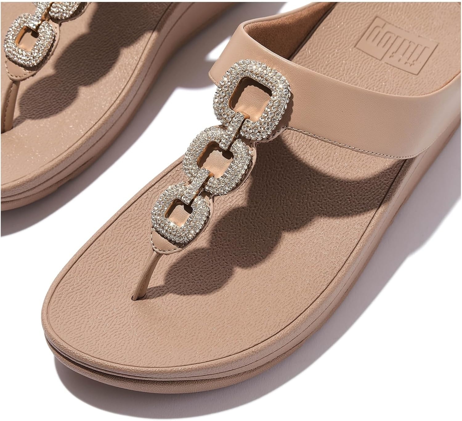 image:imageFitFlop Fino CrystalChain Leather ToePost Sandals Leather Cushioning Rhinestones Casual SlipOnClassic Beige