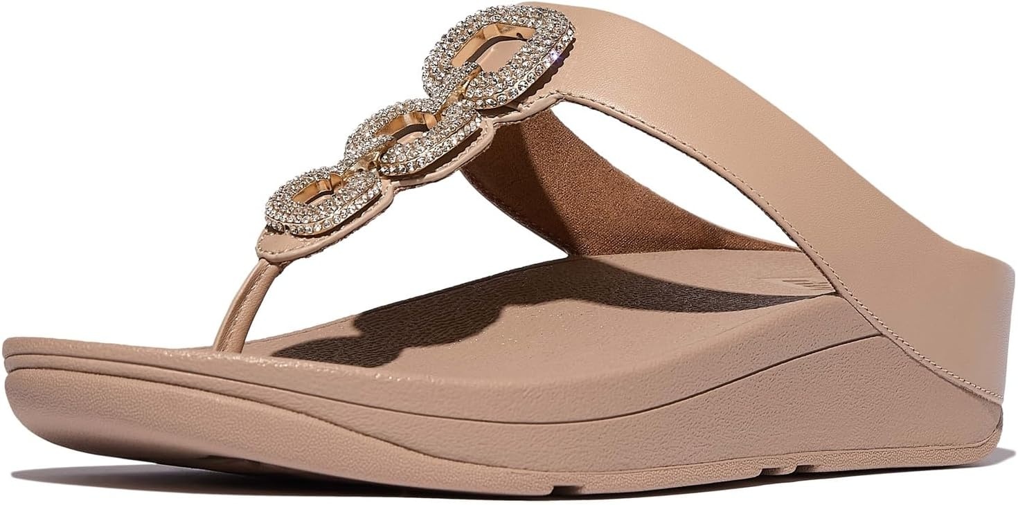 image:imageFitFlop Fino CrystalChain Leather ToePost Sandals Leather Cushioning Rhinestones Casual SlipOnClassic Beige