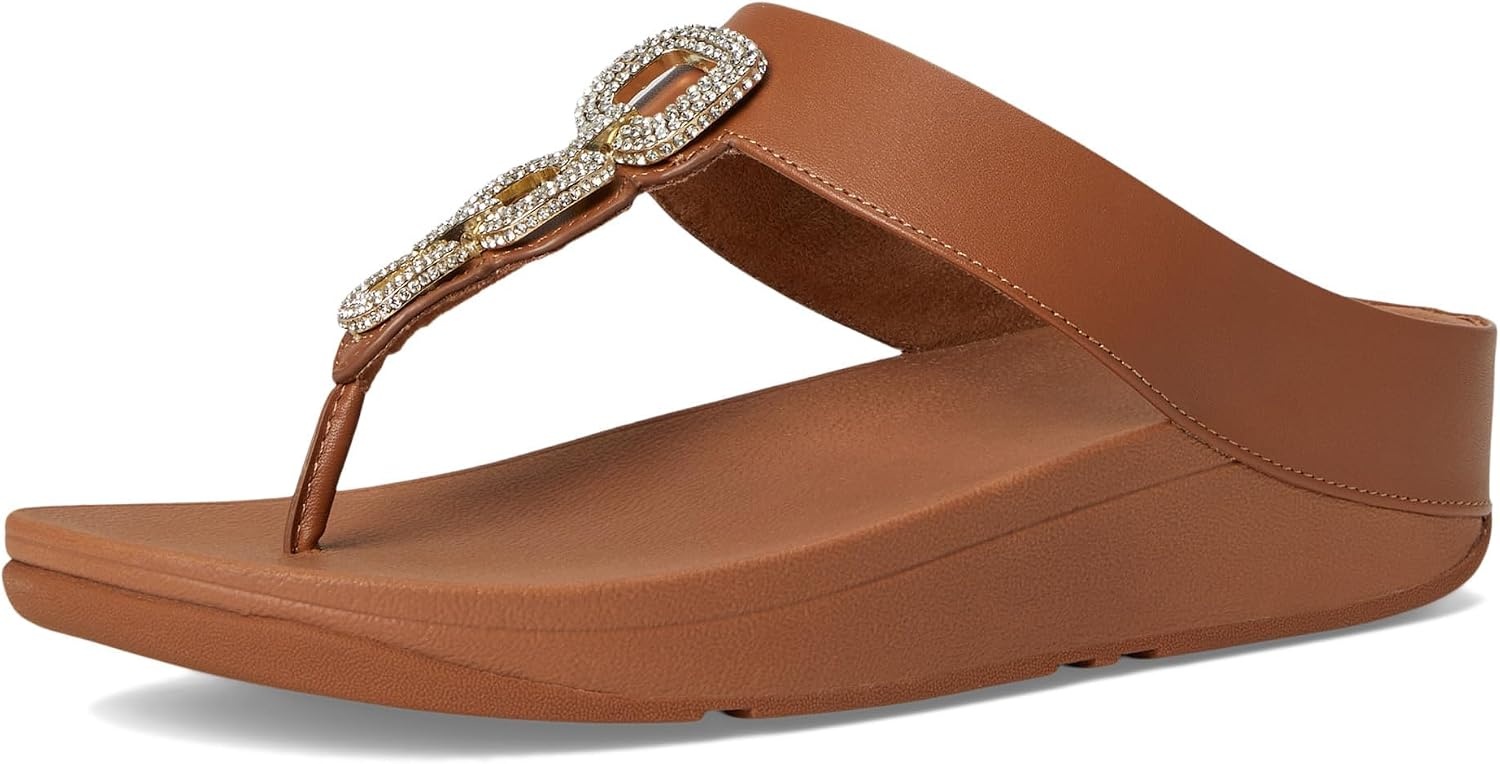image:imageFitFlop Fino CrystalChain Leather ToePost Sandals Leather Cushioning Rhinestones Casual SlipOnDeep Tan
