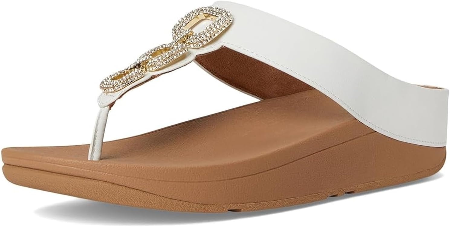 image:imageFitFlop Fino CrystalChain Leather ToePost Sandals Leather Cushioning Rhinestones Casual SlipOnUrban White