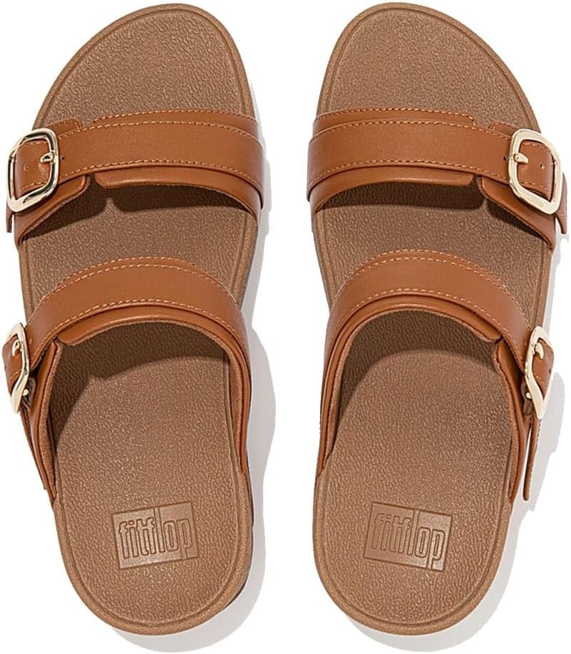 image:imageFitFlop Lulu Adjustable Leather Slides BuckleLight Tan