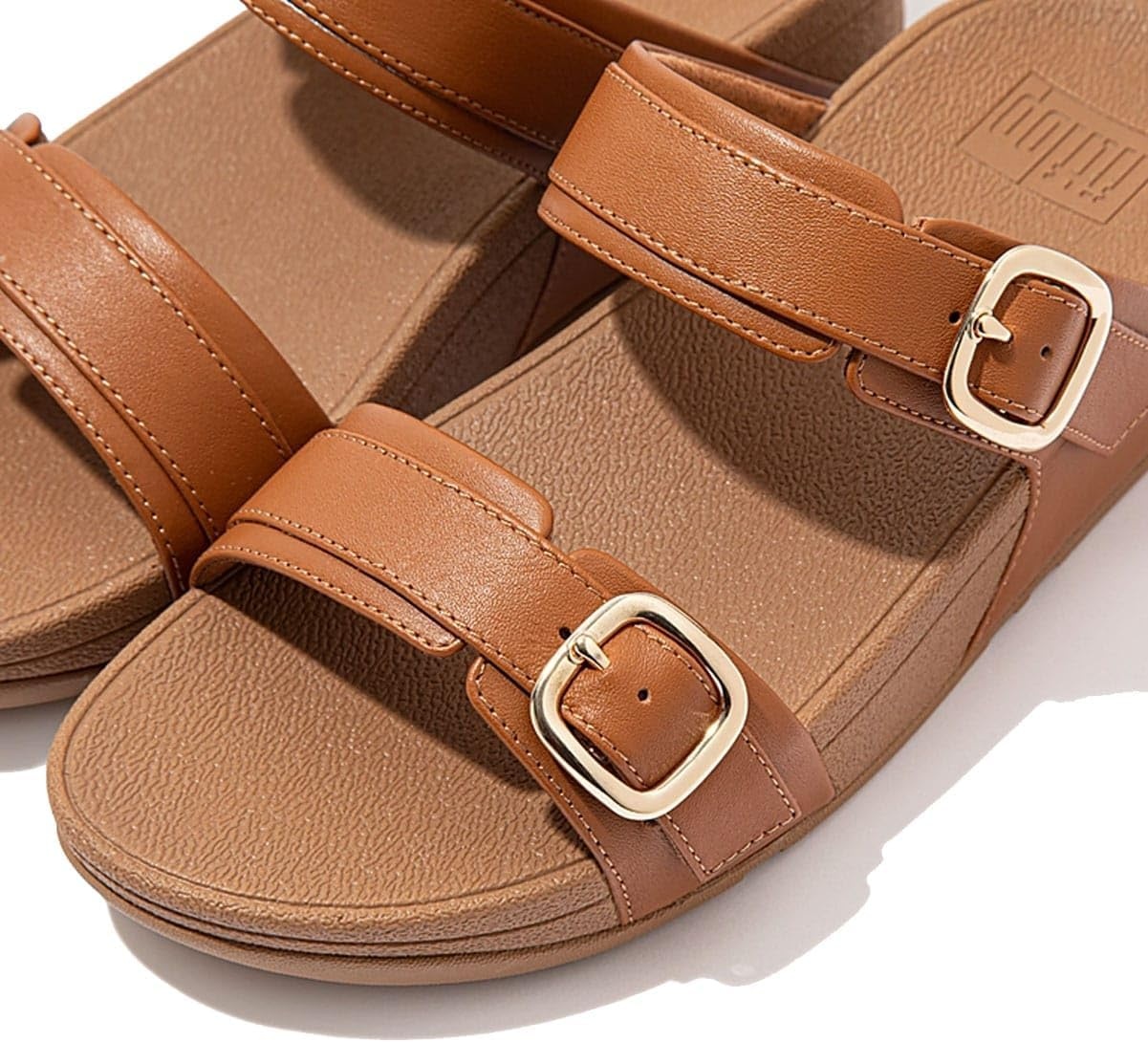 image:imageFitFlop Lulu Adjustable Leather Slides BuckleLight Tan