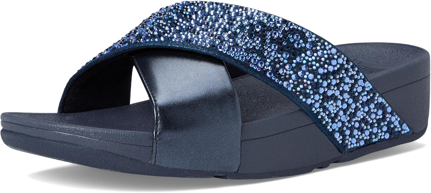 image:imageFitFlop Lulu CrystalMix Metallic Cross SlidesMidnight Navy