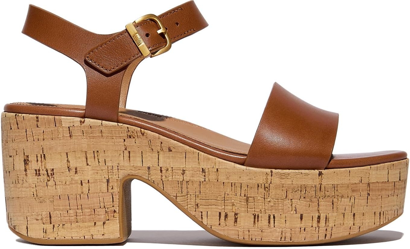 image:imageFitFlop Platfforms LeatherCork Heeled AnkleStrap SandalsDeep Tan