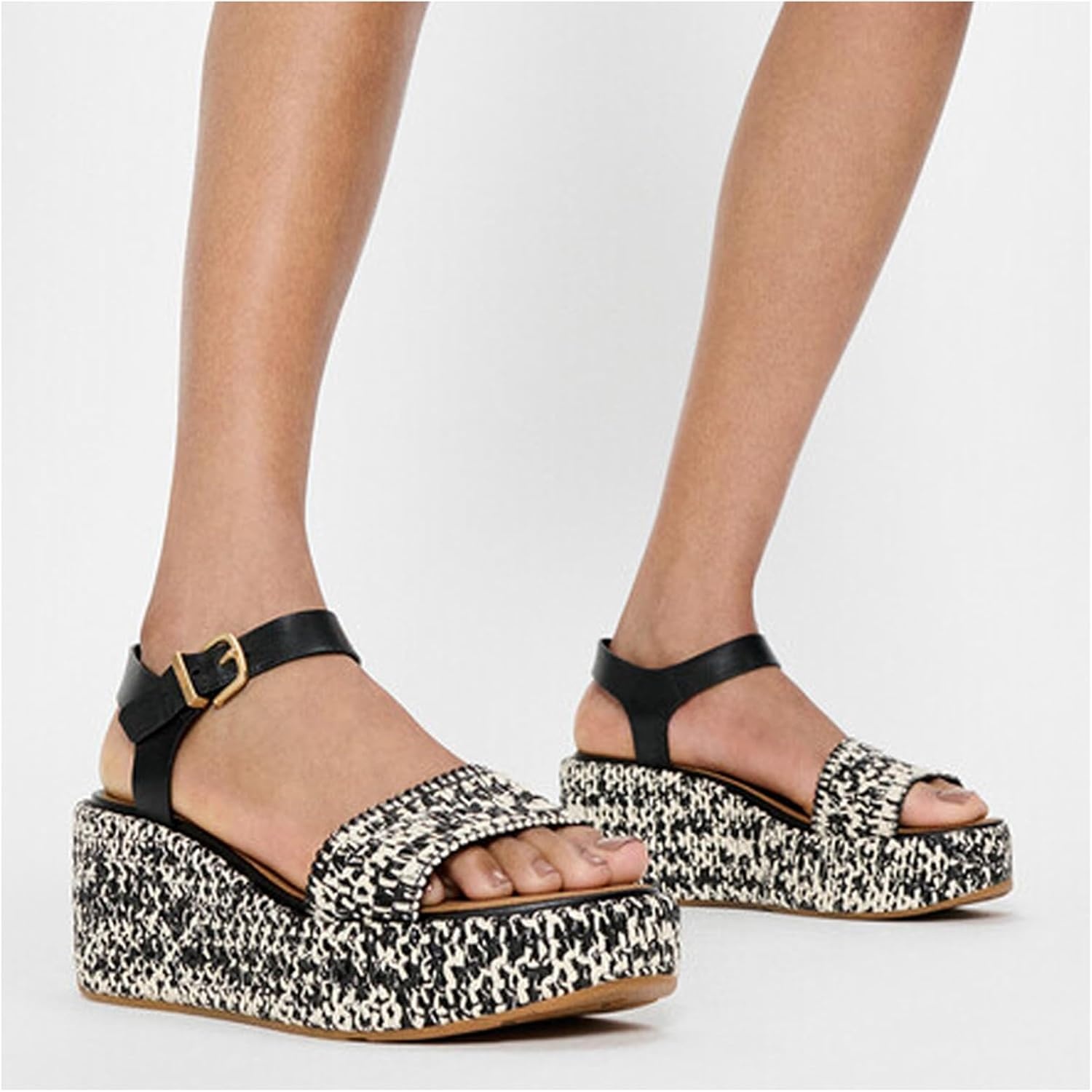 image:imageFitFlop Platfforms Woven Wedge AnkleStrap SandalsBlackIvory Mix