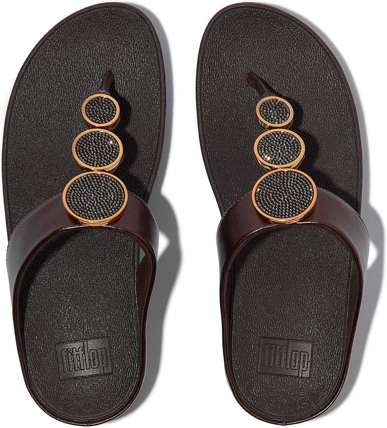 image:imageFitFlop Womens Halo BeadCircle Metallic Hbar Slides Wedge Sandal Leather SlipOn with Microwobbleboard Technology amp Slip Resistant Rubber Outsole Comfortable Footwear Synthetic Rhinestones Ornamented SlipOnMetallic Chocolate Brown
