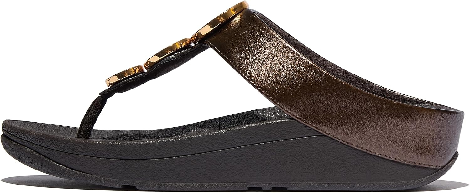 image:imageFitFlop Womens Halo BeadCircle Metallic Hbar Slides Wedge Sandal Leather SlipOn with Microwobbleboard Technology amp Slip Resistant Rubber Outsole Comfortable Footwear Synthetic Rhinestones Ornamented SlipOnMetallic Chocolate Brown