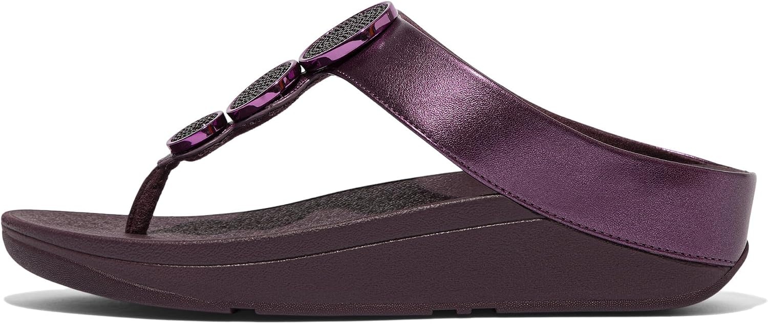 image:imageFitFlop Womens Halo BeadCircle Metallic Hbar Slides Wedge Sandal Leather SlipOn with Microwobbleboard Technology amp Slip Resistant Rubber Outsole Comfortable Footwear Synthetic Rhinestones Ornamented SlipOnMetallic Mauve Wine