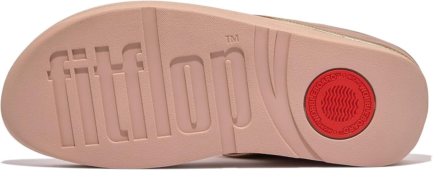 image:imageFitFlop Womens Halo BeadCircle Metallic Hbar Slides Wedge Sandal Leather SlipOn with Microwobbleboard Technology amp Slip Resistant Rubber Outsole Comfortable Footwear Synthetic Rhinestones Ornamented SlipOnRose Gold