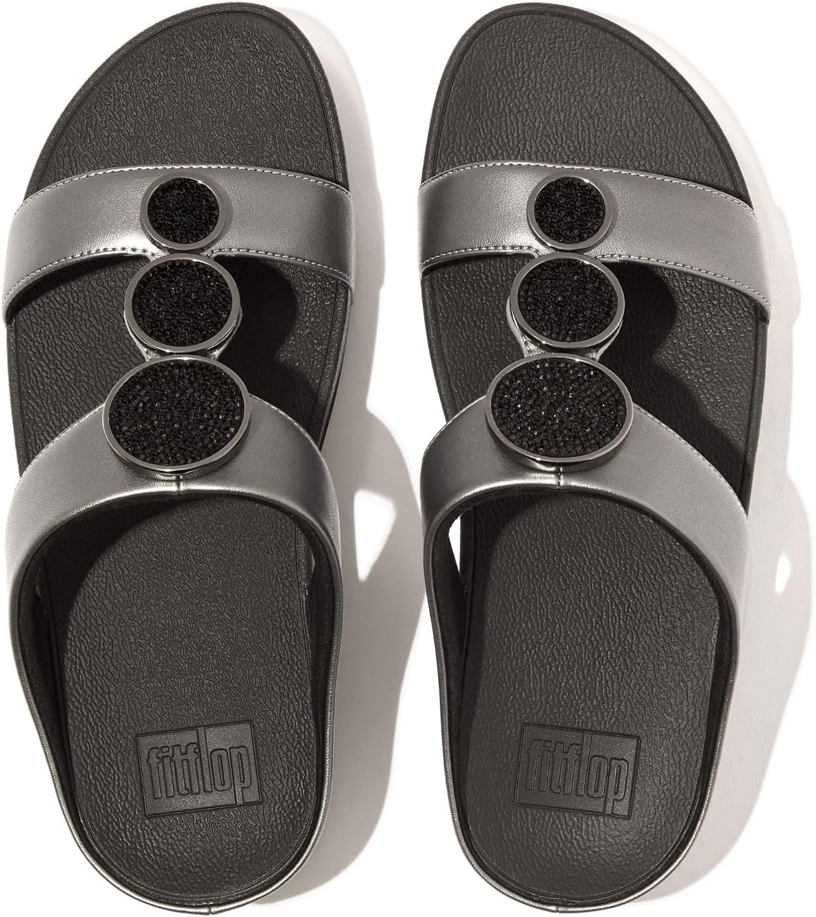 image:imageFitFlop Womens Halo BeadCircle Metallic Hbar Slides Wedge Sandal Leather SlipOn with Microwobbleboard Technology amp Slip Resistant Rubber Outsole Comfortable Footwear Synthetic Rhinestones Ornamented SlipOnPewter Black