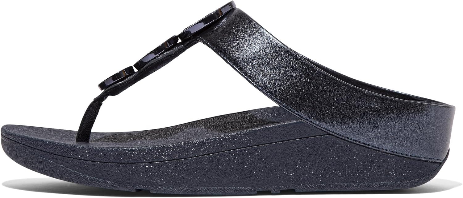 image:imageFitFlop Womens Halo BeadCircle Metallic Hbar Slides Wedge Sandal Leather SlipOn with Microwobbleboard Technology amp Slip Resistant Rubber Outsole Comfortable Footwear Synthetic Rhinestones Ornamented SlipOnMetallic Midnight Navy