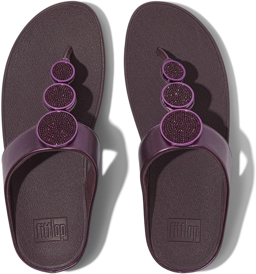 image:imageFitFlop Womens Halo BeadCircle Metallic Hbar Slides Wedge Sandal Leather SlipOn with Microwobbleboard Technology amp Slip Resistant Rubber Outsole Comfortable Footwear Synthetic Rhinestones Ornamented SlipOnMetallic Mauve Wine