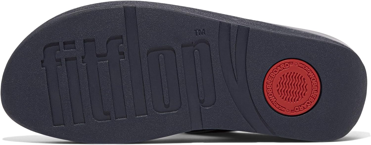 image:imageFitFlop Womens Halo BeadCircle Metallic Hbar Slides Wedge Sandal Leather SlipOn with Microwobbleboard Technology amp Slip Resistant Rubber Outsole Comfortable Footwear Synthetic Rhinestones Ornamented SlipOnMetallic Midnight Navy