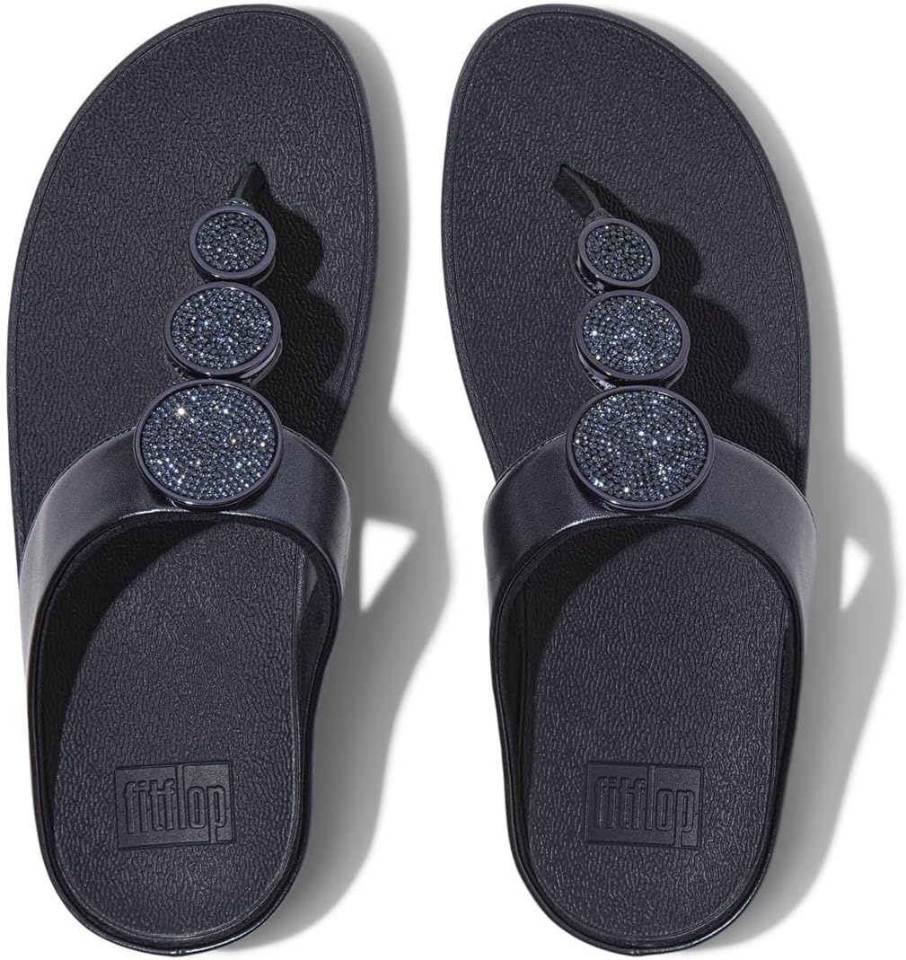 image:imageFitFlop Womens Halo BeadCircle Metallic Hbar Slides Wedge Sandal Leather SlipOn with Microwobbleboard Technology amp Slip Resistant Rubber Outsole Comfortable Footwear Synthetic Rhinestones Ornamented SlipOnMetallic Midnight Navy