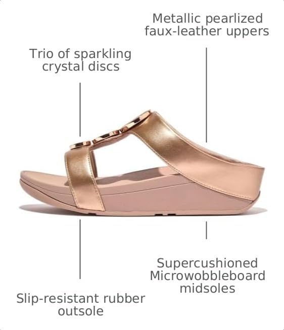 image:imageFitFlop Womens Halo BeadCircle Metallic Hbar Slides Wedge Sandal Leather SlipOn with Microwobbleboard Technology amp Slip Resistant Rubber Outsole Comfortable Footwear Synthetic Rhinestones Ornamented SlipOnRose Gold