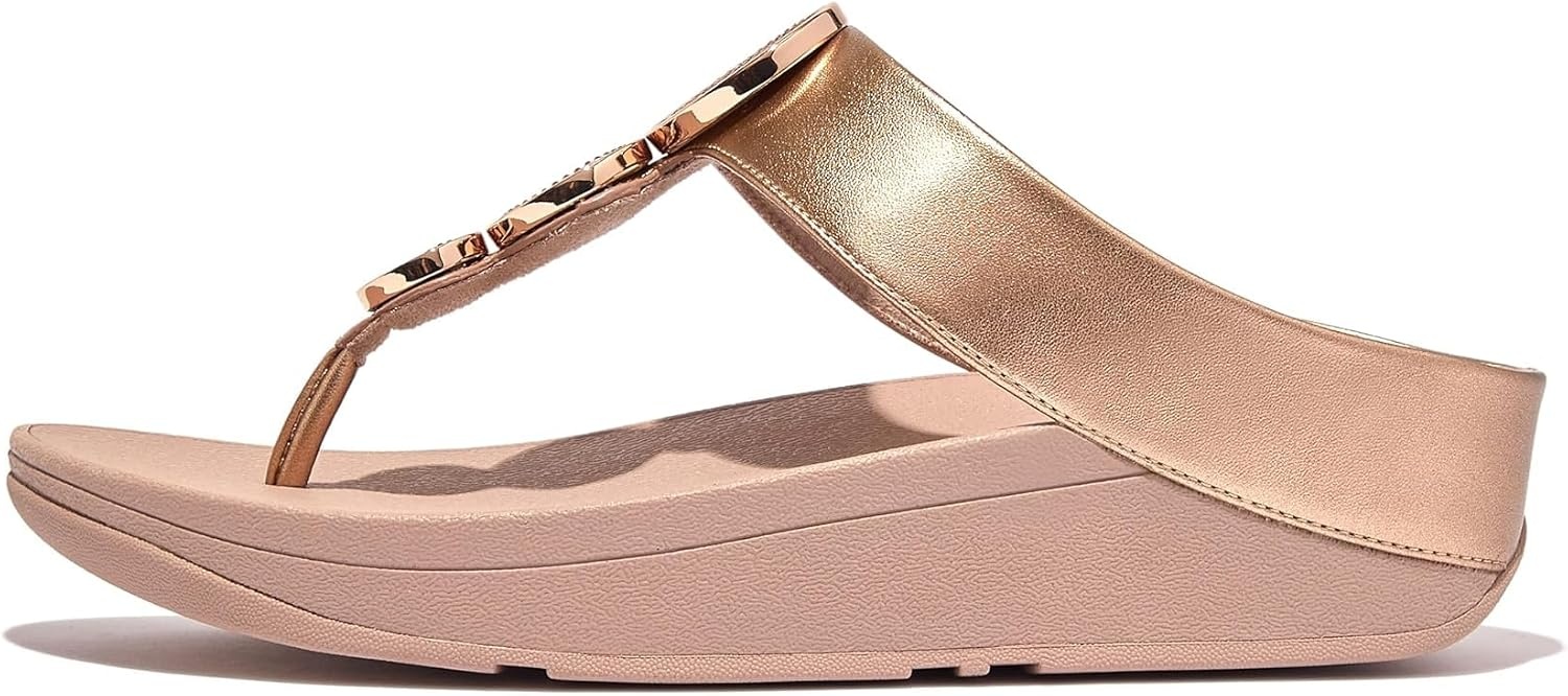 image:imageFitFlop Womens Halo BeadCircle Metallic Hbar Slides Wedge Sandal Leather SlipOn with Microwobbleboard Technology amp Slip Resistant Rubber Outsole Comfortable Footwear Synthetic Rhinestones Ornamented SlipOnRose Gold