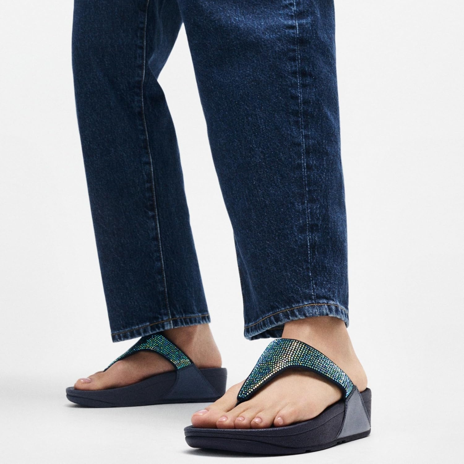 image:imageFitFlop Womens Lulu Crystal Embellished ToePost SandalsIridescent Navy