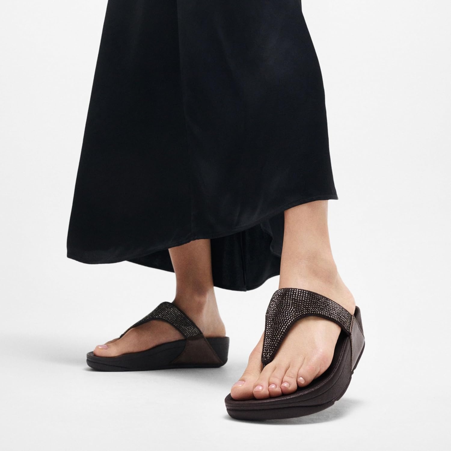 image:imageFitFlop Womens Lulu Crystal Embellished ToePost SandalsMetallic Chocolate Brown