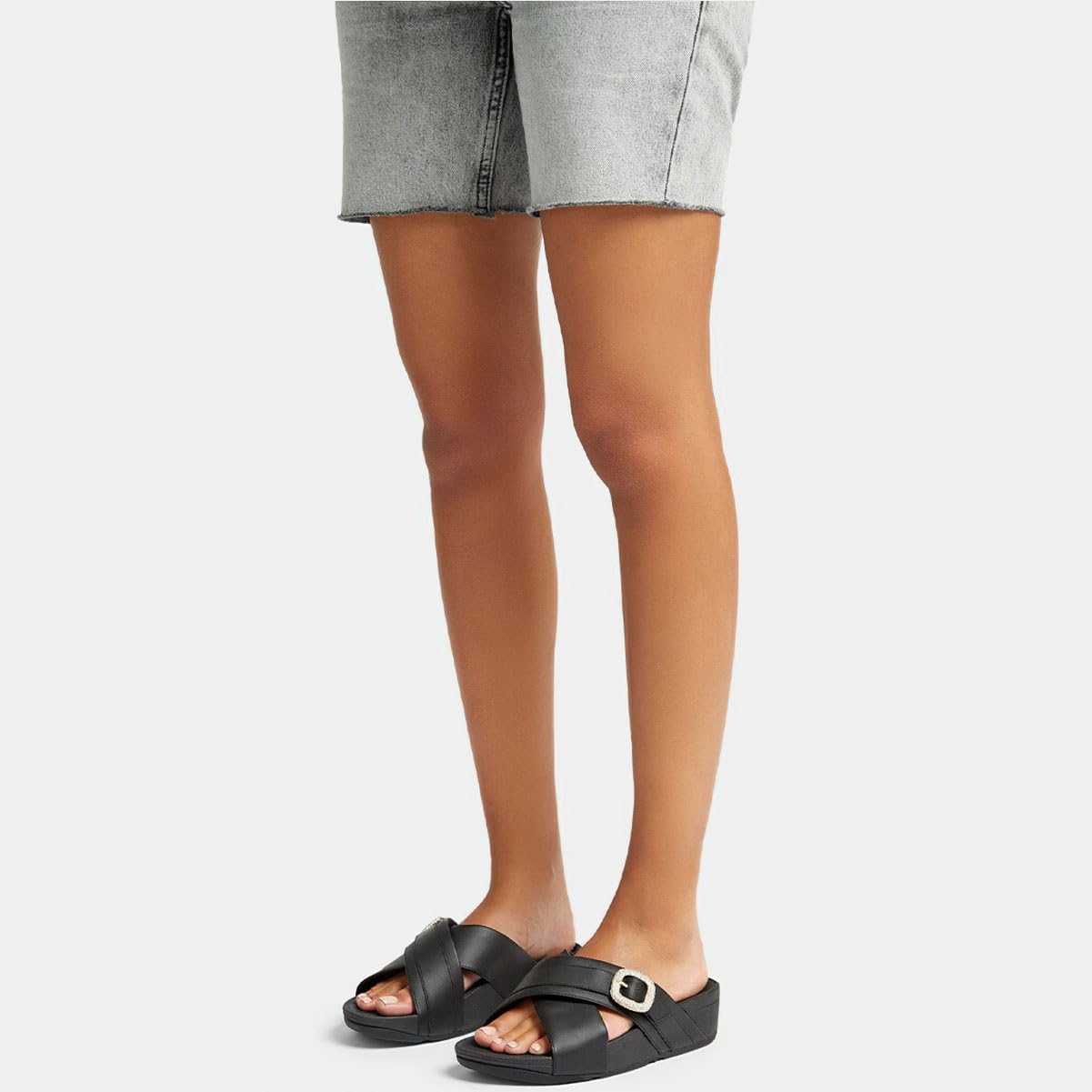 image:imageFitFlop Womens Lulu CrystalBuckle Leather Cross SlidesBlack