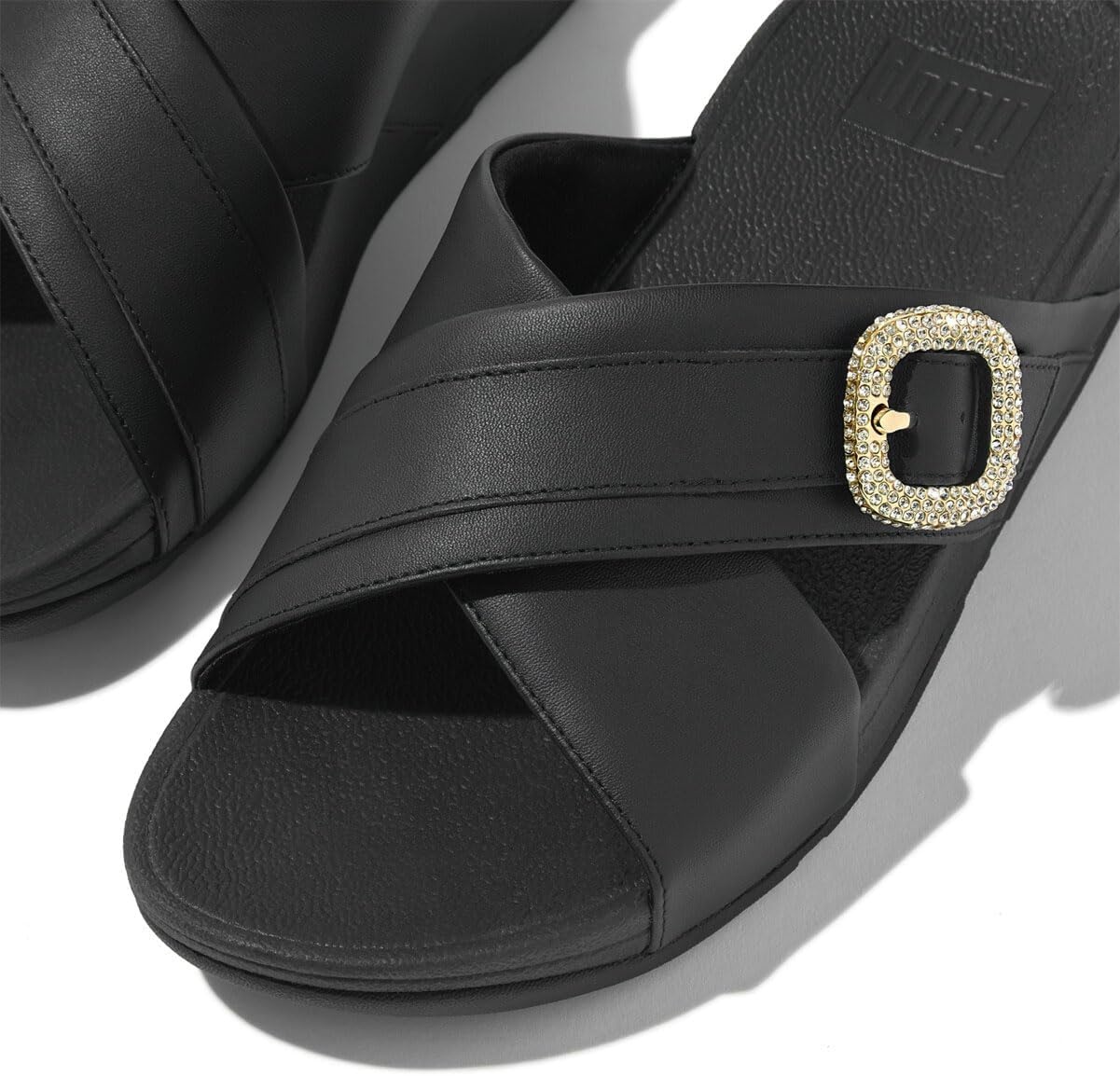 image:imageFitFlop Womens Lulu CrystalBuckle Leather Cross SlidesBlack