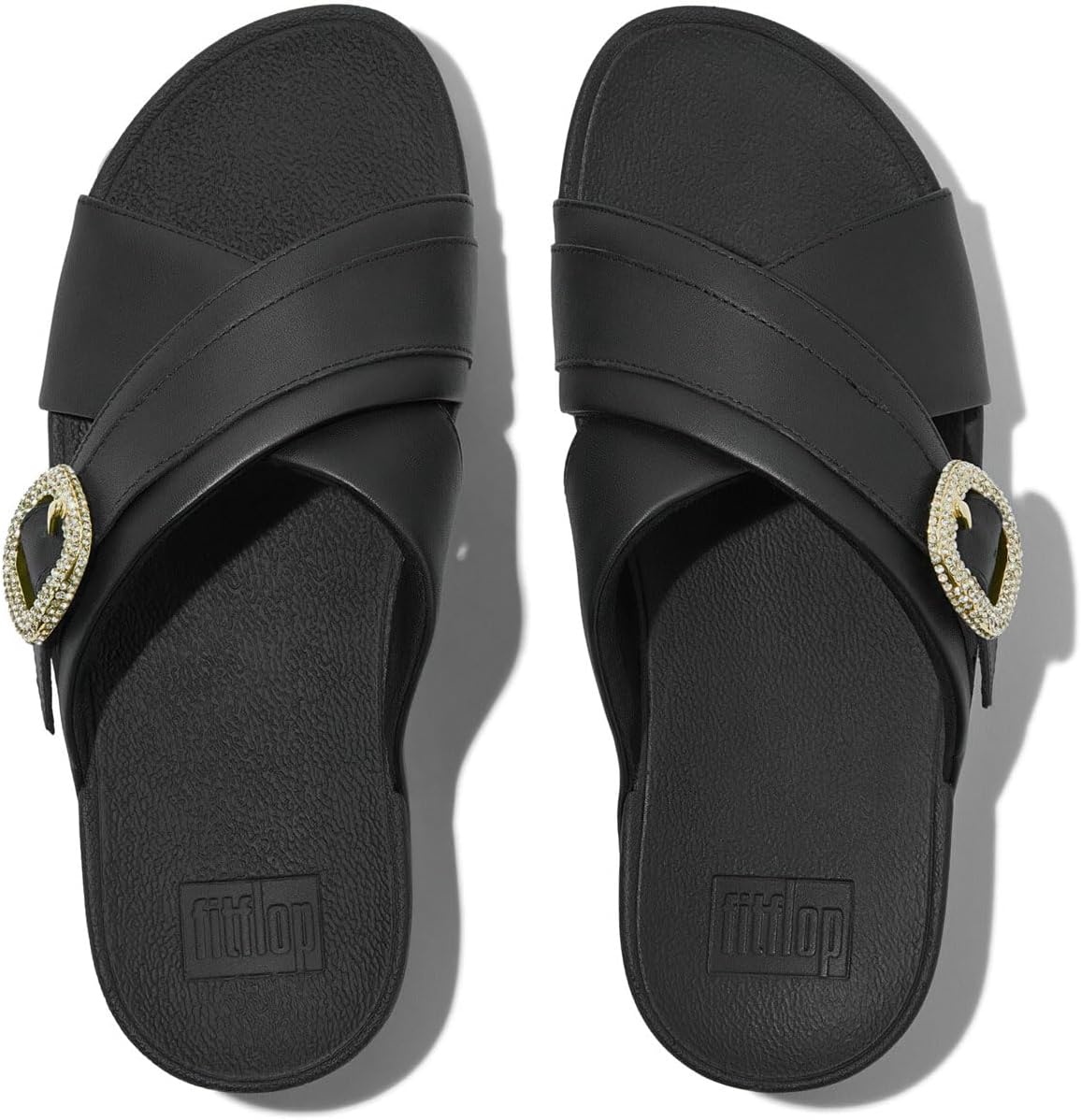 image:imageFitFlop Womens Lulu CrystalBuckle Leather Cross SlidesBlack
