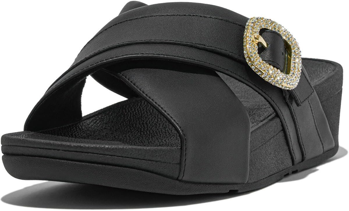 image:imageFitFlop Womens Lulu CrystalBuckle Leather Cross SlidesBlack