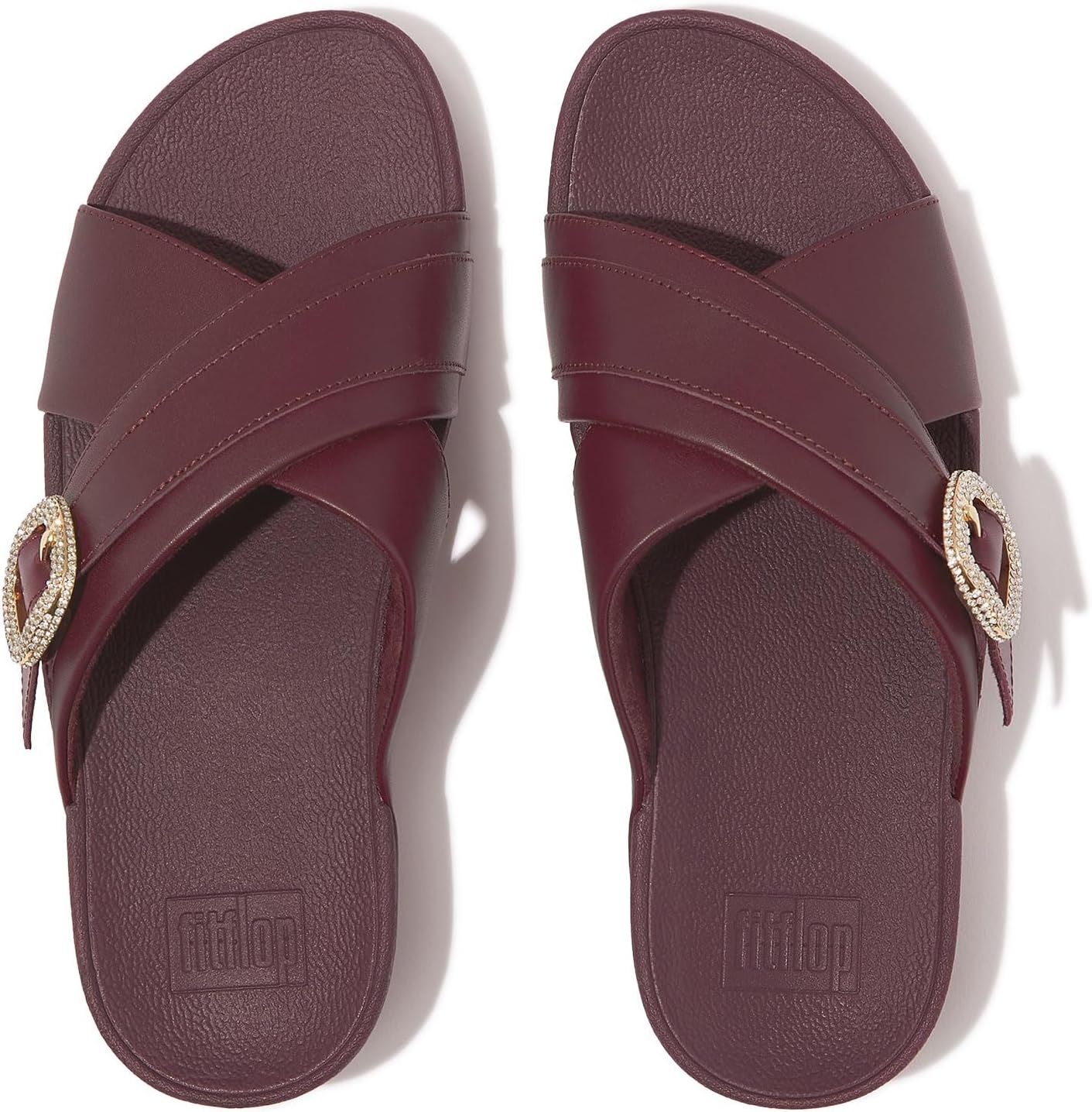 image:imageFitFlop Womens Lulu CrystalBuckle Leather Cross SlidesMauve Wine