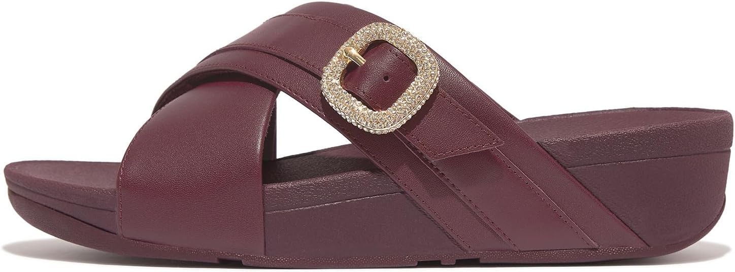 image:imageFitFlop Womens Lulu CrystalBuckle Leather Cross SlidesMauve Wine
