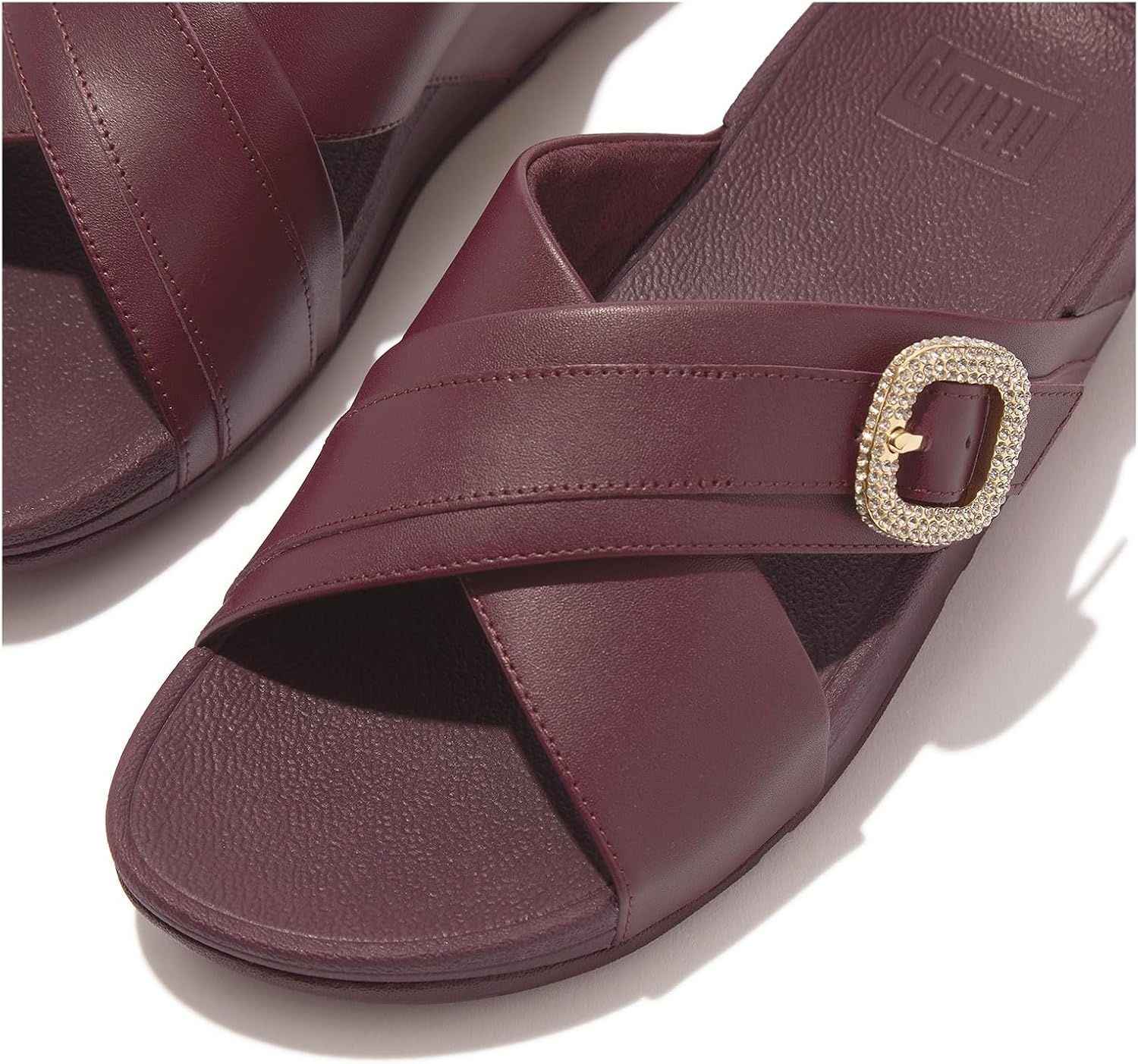 image:imageFitFlop Womens Lulu CrystalBuckle Leather Cross SlidesMauve Wine