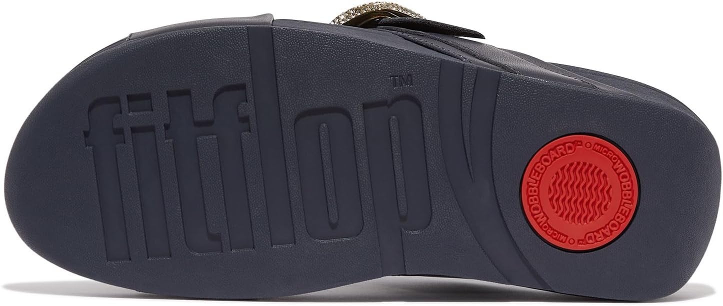 image:imageFitFlop Womens Lulu CrystalBuckle Leather Cross SlidesMidnight Navy