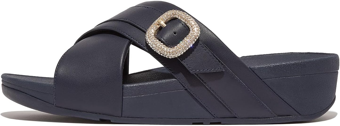 image:imageFitFlop Womens Lulu CrystalBuckle Leather Cross SlidesMidnight Navy