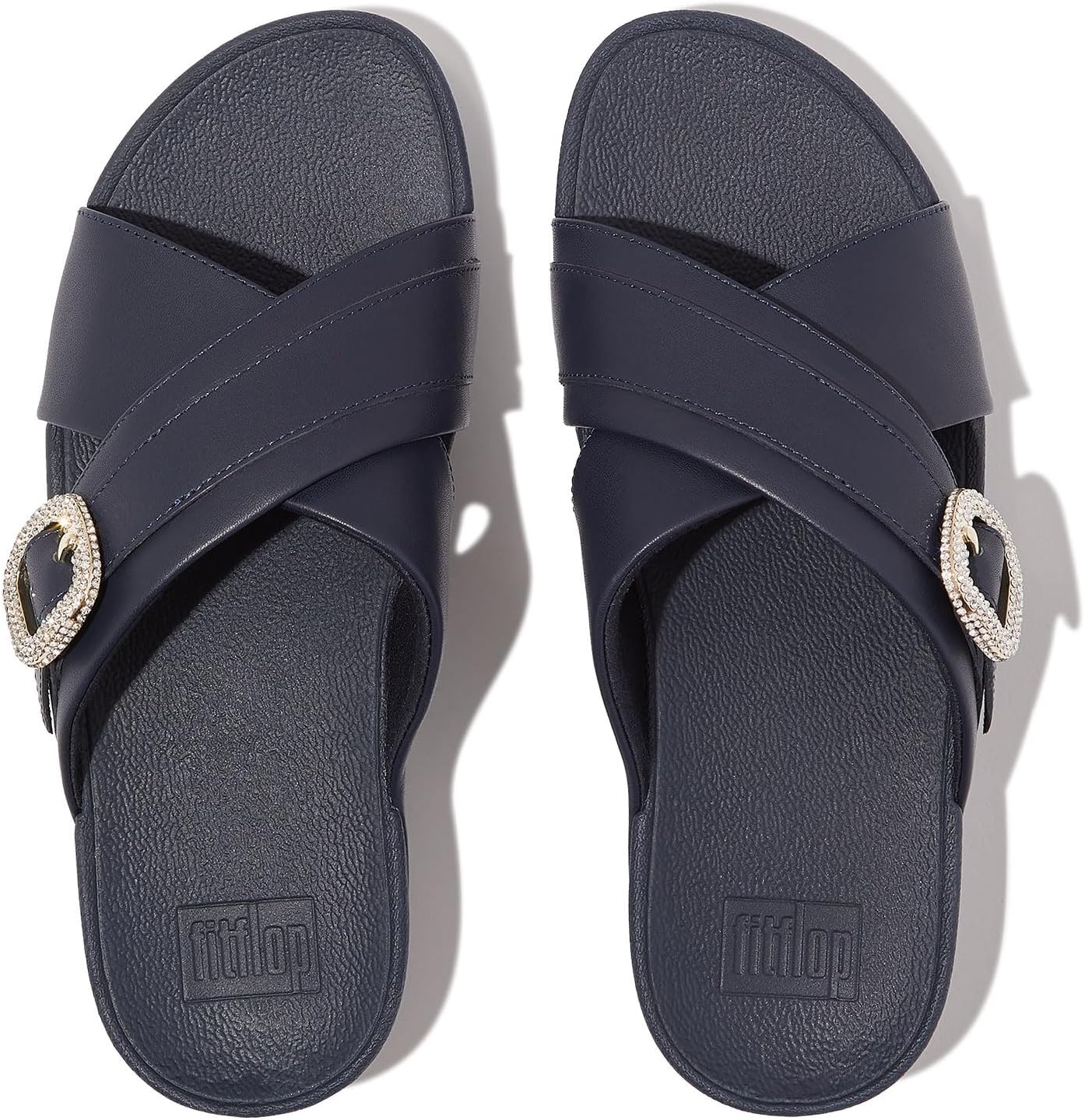 image:imageFitFlop Womens Lulu CrystalBuckle Leather Cross SlidesMidnight Navy