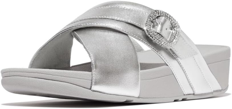 image:imageFitFlop Womens Lulu CrystalBuckle Leather Cross SlidesSilver