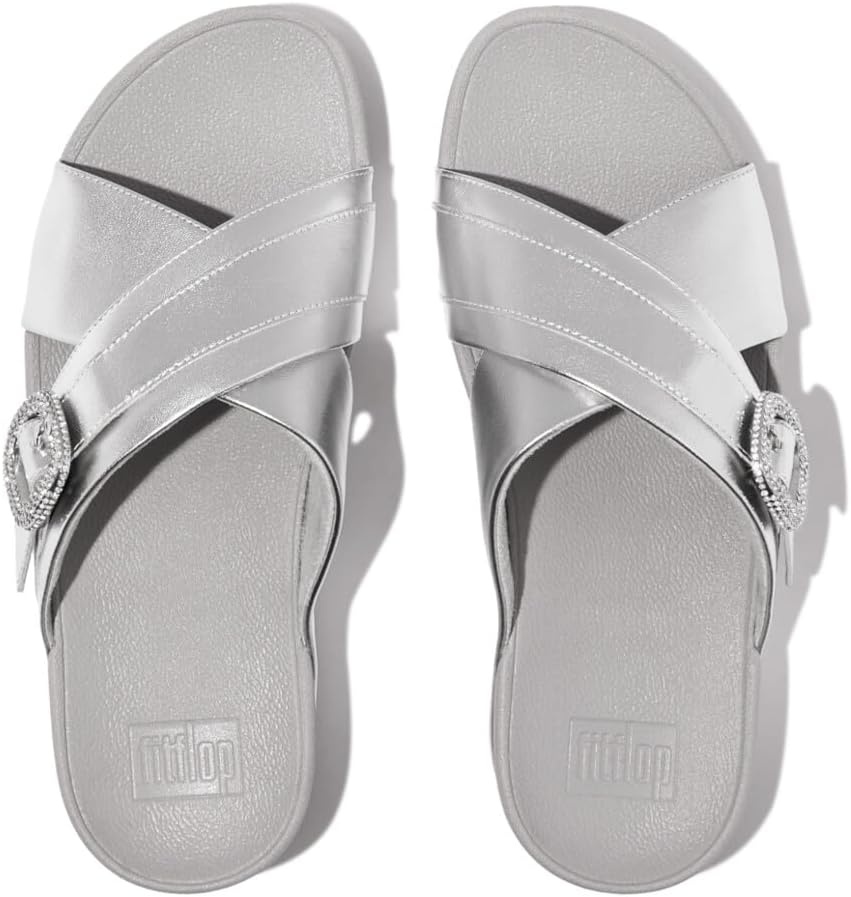 image:imageFitFlop Womens Lulu CrystalBuckle Leather Cross SlidesSilver