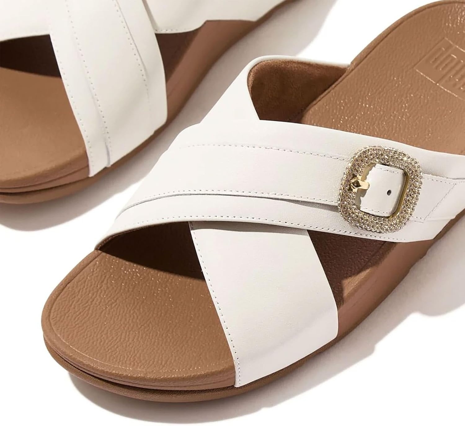 image:imageFitFlop Womens Lulu CrystalBuckle Leather Cross SlidesUrban White 1