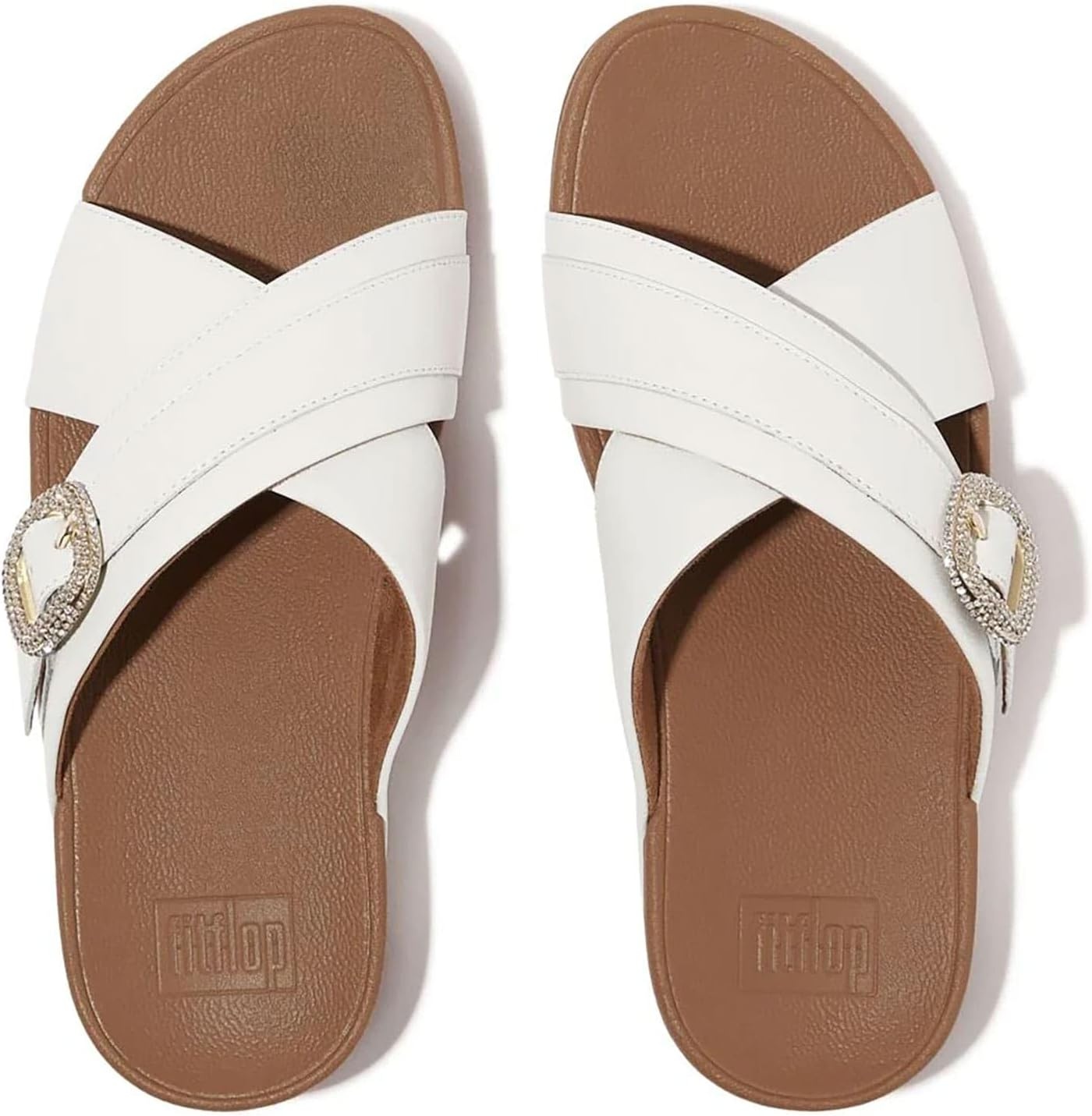 image:imageFitFlop Womens Lulu CrystalBuckle Leather Cross SlidesUrban White 1