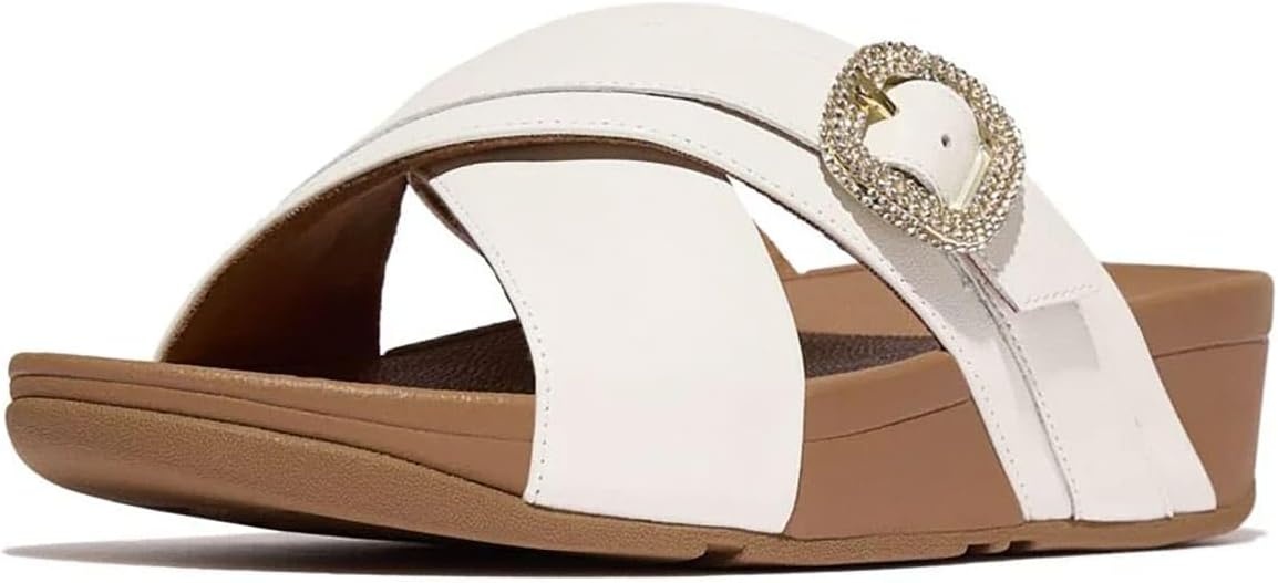 image:imageFitFlop Womens Lulu CrystalBuckle Leather Cross SlidesUrban White 1