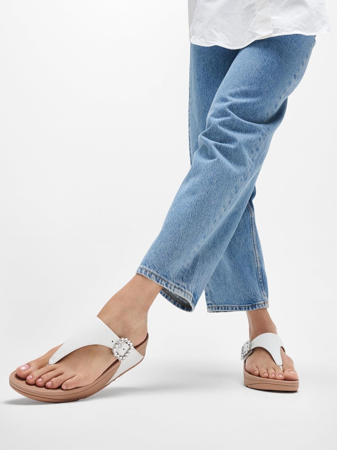 image:imageFitFlop Womens Lulu CrystalBuckle Leather ToePost SandalUrban White 1