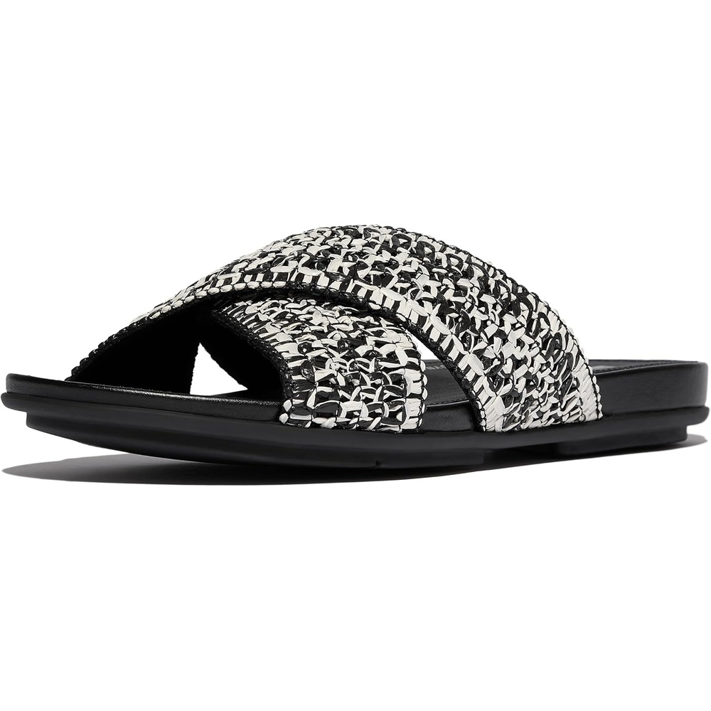 image:imageFitFlop Womens Gracie Leather Cross Slide SandalBlackIvory Mix