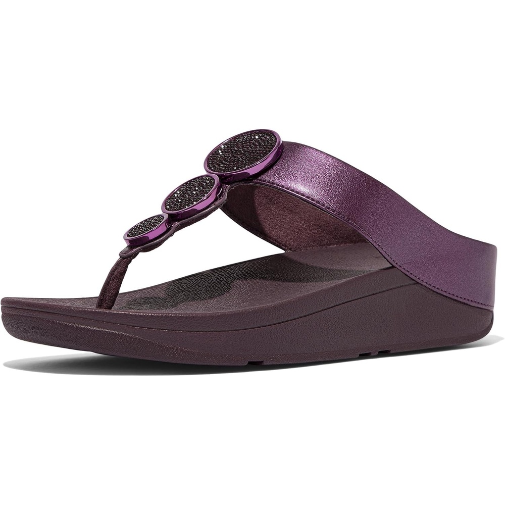 image:imageFitFlop Womens Halo BeadCircle Metallic Hbar Slides Wedge Sandal  Leather SlipOn with Microwobbleboard Technology amp Slip Resistant Rubber Outsole Comfortable Footwear  Synthetic Rhinestones Ornamented SlipOnMetallic Mauve Wine