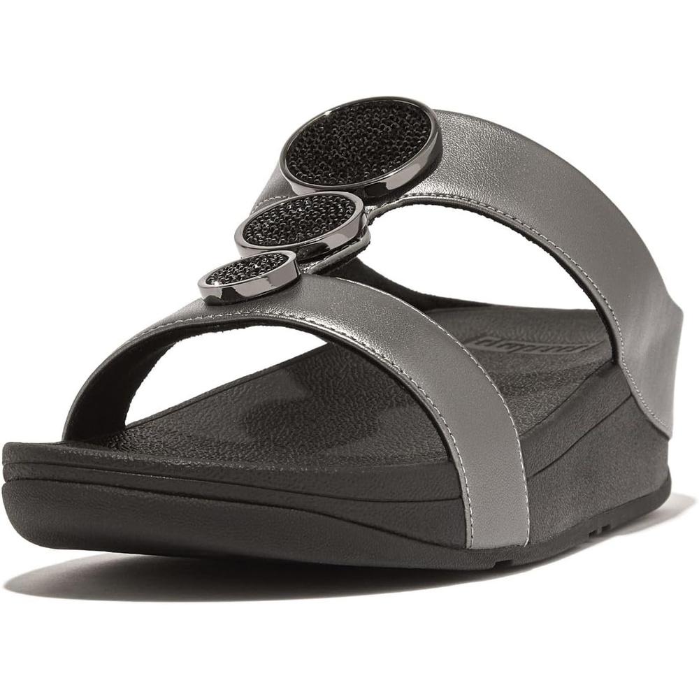 image:imageFitFlop Womens Halo BeadCircle Metallic Hbar Slides Wedge Sandal Leather SlipOn with Microwobbleboard Technology amp Slip Resistant Rubber Outsole Comfortable Footwear Synthetic Rhinestones Ornamented SlipOnPewter Black