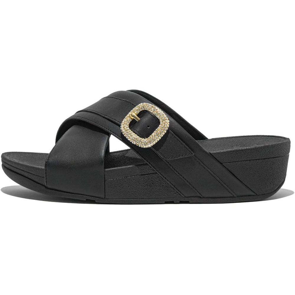 image:imageFitFlop Womens Lulu CrystalBuckle Leather Cross SlidesBlack