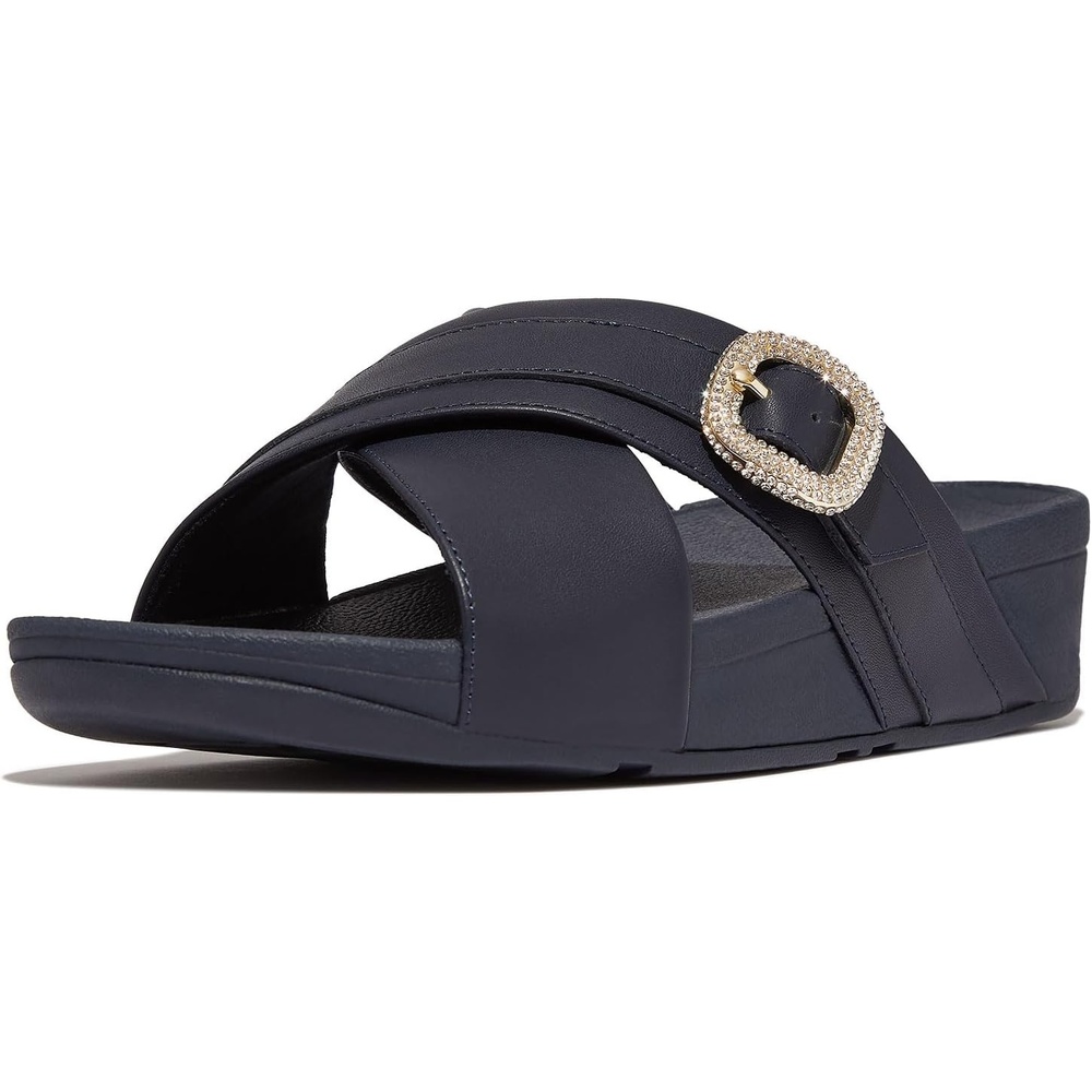 image:imageFitFlop Womens Lulu CrystalBuckle Leather Cross SlidesMidnight Navy