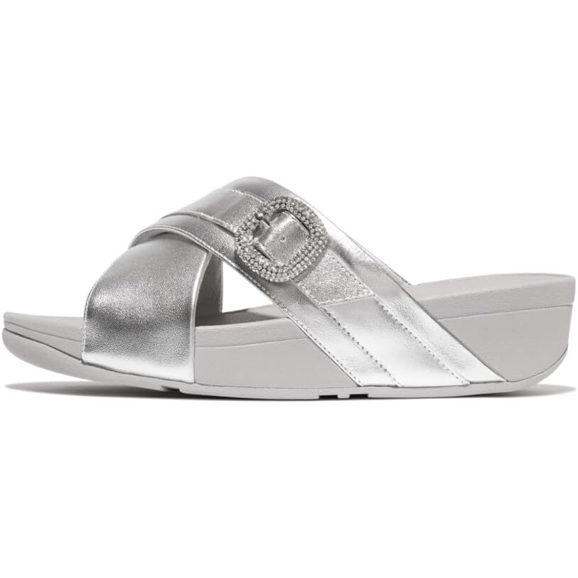 image:imageFitFlop Womens Lulu CrystalBuckle Leather Cross SlidesSilver