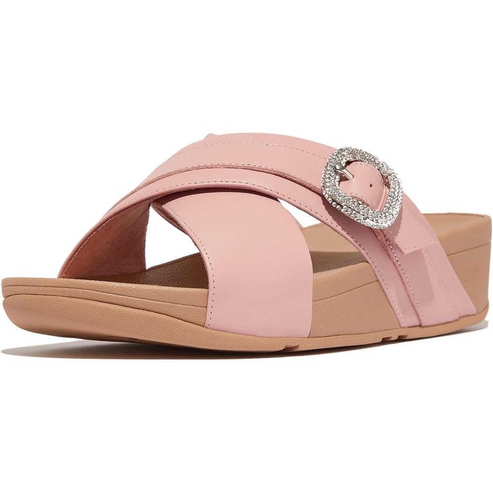 image:imageFitFlop Womens Lulu CrystalBuckle Leather Cross SlidesSoft Blush
