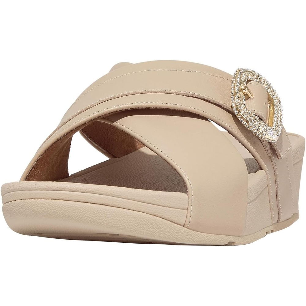 image:imageFitFlop Womens Lulu CrystalBuckle Leather Cross SlidesStone Beige