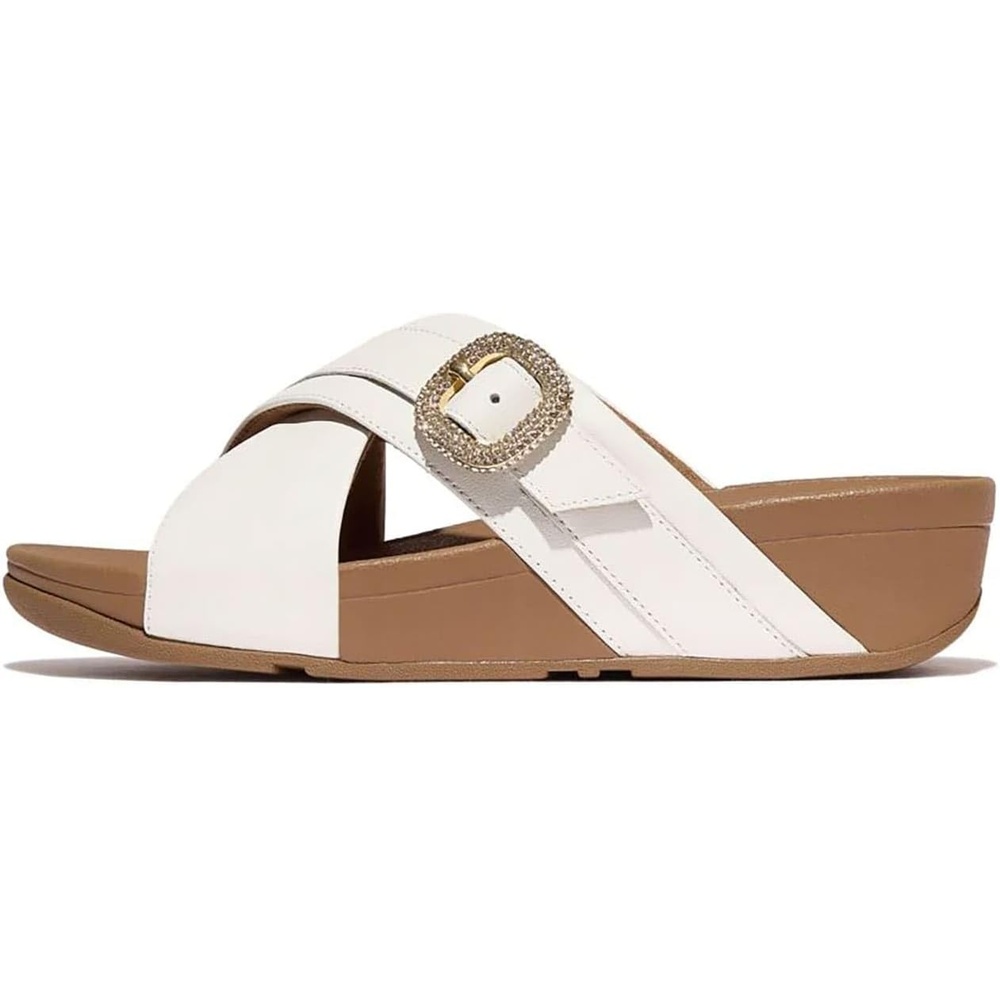 image:imageFitFlop Womens Lulu CrystalBuckle Leather Cross SlidesUrban White 1