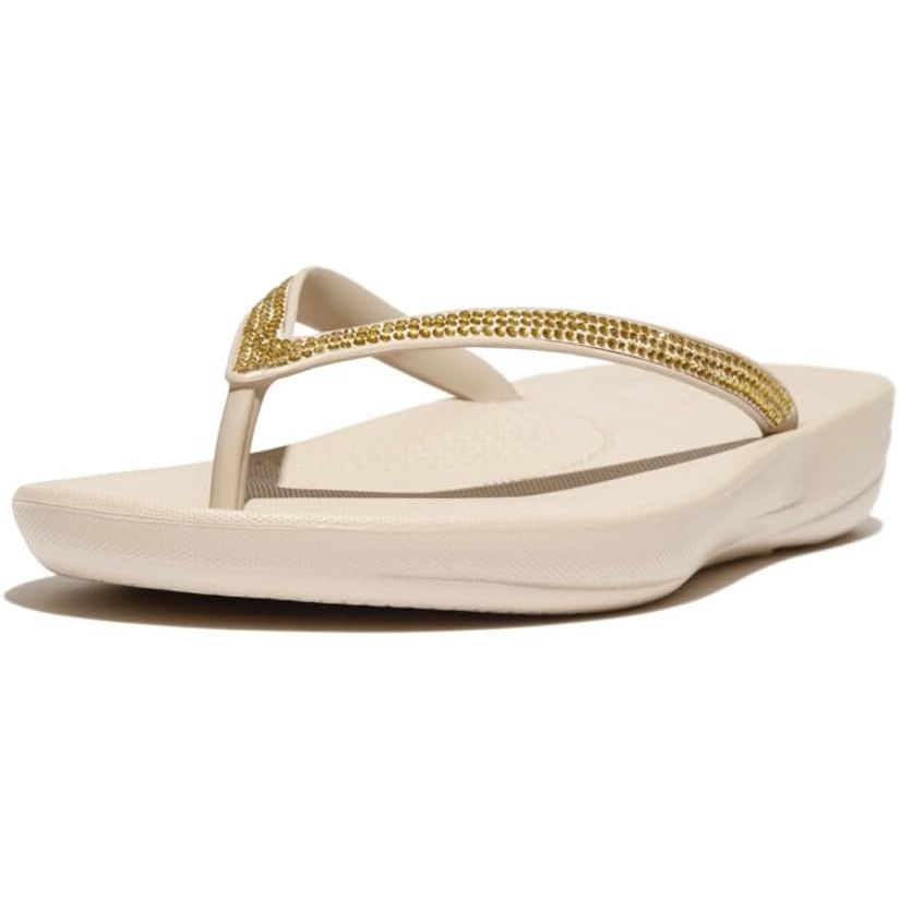 image:imageFitFlop Womens iQushion Sparkle Ergonomic Flip Flops for Walking Lightweight Waterproof Cushioned Thong Sandals for Women with Non Slip Bottom and Arch Support Lightweight Waterproof Walking Sandals wCushioned Comfort amp Arch SupportStone Beige