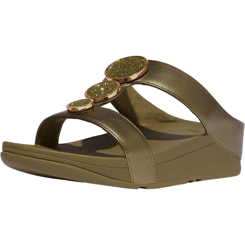image:imageFitFlop womens Halo Beadcircle Metallic Hbar SlidesMetallic Camogreen