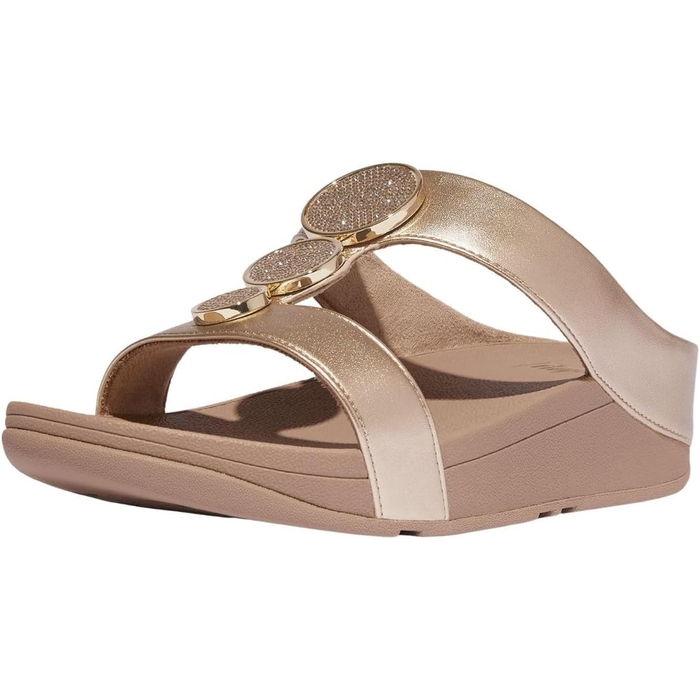 image:imageFitFlop womens Halo Beadcircle Metallic Hbar SlidesMetallic Latte Beige